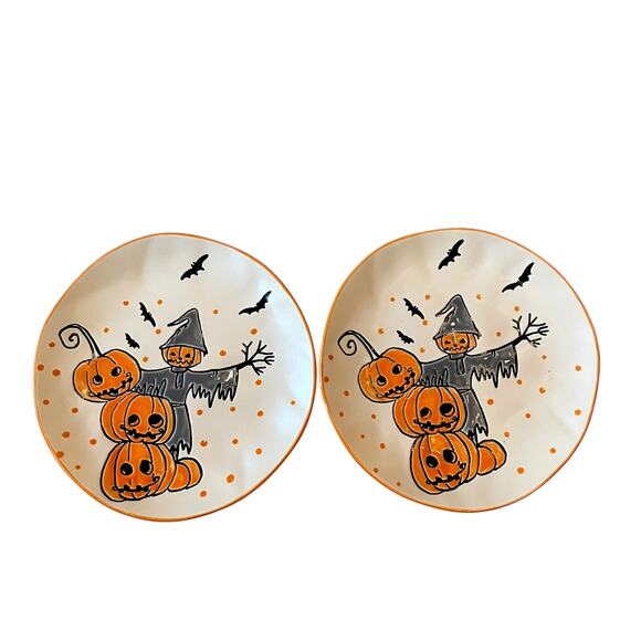 ELI & ANA Halloween Salad Plates 8in Bats Pumpkins Scarecrow Set of 2 New - Picture 7 of 9